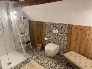 uma casa de banho com um WC e um chuveiro em Schöne Ferienwohnung Altes Gebälk Fachwerkhaus em Bacharach