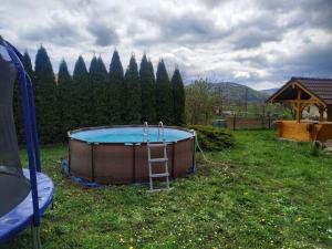 a hot tub in a yard with a ladder next to it at Detvan – getaway in Poľana mountains in Dúbravy