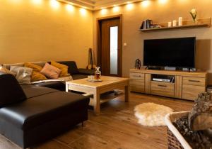 a living room with a couch and a flat screen tv at Detvan – getaway in Poľana mountains in Dúbravy