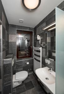 uma casa de banho com um WC, um lavatório e um espelho. em Herbstyle em Eger