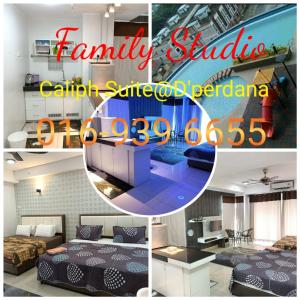 a collage of photos of a bedroom and a living room at Caliph Suite Apartment Homestay D'Perdana Sri Cemerlang Condominium Kota Bharu in Kota Bharu