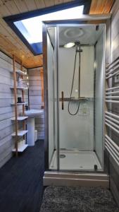 baño con ducha y puerta de cristal en 'Monktonmead Lodge' in secluded setting, with private indoor pool. en Ryde