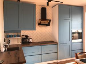 uma cozinha com armários azuis e um lavatório em Однокімнатна квартира em Uman