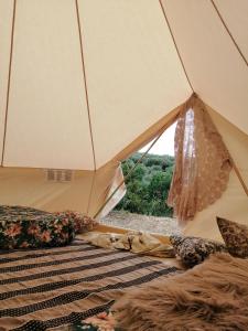 a room with a tent with pillows and a window at Sa Mola Experience TENDA in Escolca