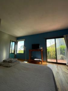 a bedroom with a large bed with blue walls and windows at Casas Pura Vida in Villa General Belgrano +33 photos
