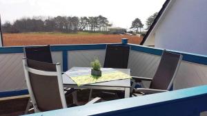 a table and chairs on a balcony with a plant at FW-Seestern-3-Personen in Klein Zicker