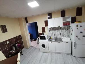 a kitchen with a washing machine and a refrigerator at Noah Apartment in Uricani