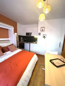 una camera con un grande letto e una cucina di Studio vue mer. Calme et idéalement situé a Canet-en-Roussillon