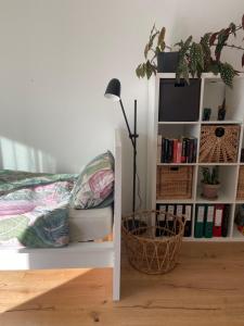 um quarto com uma cama e uma estante de livros em Casa Cristina em Roveredo Capriasca