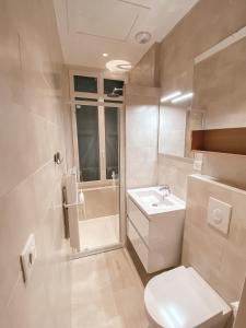 ein Bad mit einem WC, einem Waschbecken und einer Dusche in der Unterkunft TXANPA centre 4 pers in Biarritz