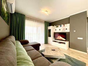 Una sala de estar con un sofá y una chimenea. en Green Forest View, en Timisoara