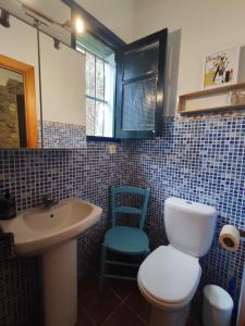 La salle de bains est pourvue de toilettes, d'un lavabo et d'un miroir. dans l'établissement Casa Portal, à El Palmar