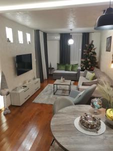 NOVAK 1 apartman في Vrnjačka Banja: غرفة معيشة مع أريكة وشجرة عيد الميلاد