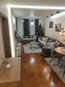 NOVAK 1 apartman في Vrnjačka Banja: غرفة معيشة مع أريكة وشجرة عيد الميلاد