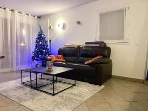 a living room with a black couch and a christmas tree at Joli T2 dans Annecy in Annecy