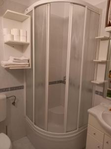 y baño con ducha y puerta de cristal. en Apartments Raos en Stobreč