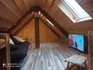 a living room with a couch and a tv at Appart Chalet hyper centre in Cauterets