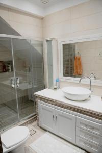 a bathroom with a sink and a shower and a toilet at Estia in Kalymnos