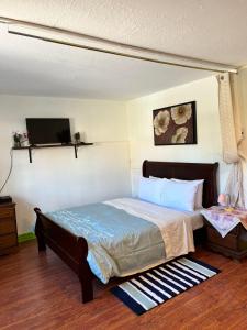 um quarto com uma cama e uma televisão na parede em apartment avec parking privé em Cidade de Quebec
