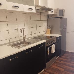 a kitchen with a sink and a stainless steel refrigerator at Ferienunterkunft Sson in Detmold