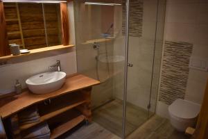 een badkamer met een wastafel en een glazen douche bij Glamping Organic Farm Slibar in Tržič