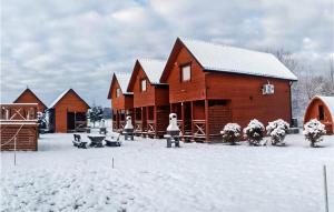 um grupo de edifícios de madeira na neve em Cozy Home In Postomino With Outdoor Swimming Pool em Postomino