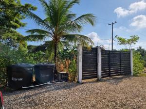 einen Zaun mit zwei Mülltonnen neben einer Palme in der Unterkunft PLAYABRISAMAR in San Antero