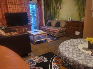 ein Wohnzimmer mit einem Sofa und einem TV in der Unterkunft Ruhiges Keller Apartement NM in Neumarkt in der Oberpfalz
