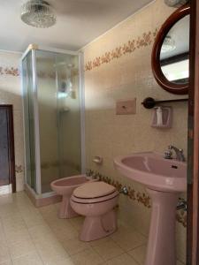 W łazience znajduje się różowa toaleta i umywalka. w obiekcie Villa Angela w mieście Dorio