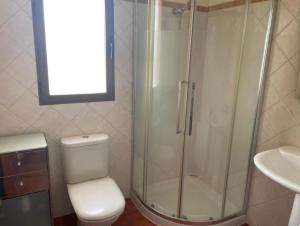 a bathroom with a shower and a toilet and a sink at Mar Vista in Isla Plana
