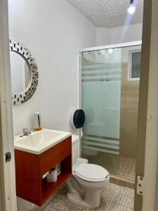 y baño con aseo, lavabo y ducha. en Departamento planta baja en Acapulco Diamante, en Acapulco