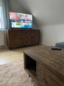 a living room with a flat screen tv on a wooden entertainment center at B1 Ith Apartment in Coppenbrügge