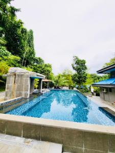 une grande piscine bleue dans un parc dans l'établissement Ngermid Oasis Large Studio With Kitchen & Scenic Views, à Koror