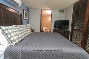 um quarto com uma cama com uma almofada e uma televisão em Costa Bonita Private Villa 602 em Culebra