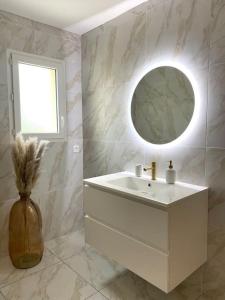 a bathroom with a white sink and a mirror at Villa Contemporaine in Châtellerault
