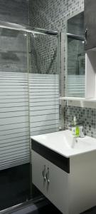 a bathroom with a white sink and a shower at The Niche Homes & Apartments in Ikoyi