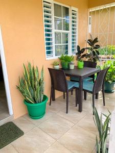 a patio with a table and chairs and potted plants at Cozy Villa in Mammee Bay