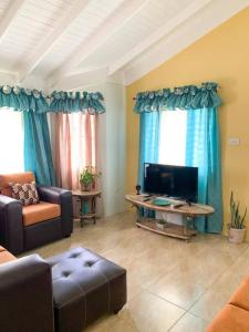 ein Wohnzimmer mit einem Sofa und einem TV in der Unterkunft Cozy Villa in Mammee Bay