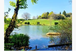 a view of a lake with a hill in the background at The Annexe in Radstock