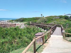 a wooden boardwalk leading to a beach with a palm tree at Matshana Lodge in Hermanus