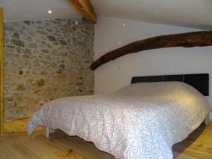 een bed in een kamer met een stenen muur bij Le Mas du Galibot Gîte Barulaïre in Saint-Florent-sur-Auzonnet