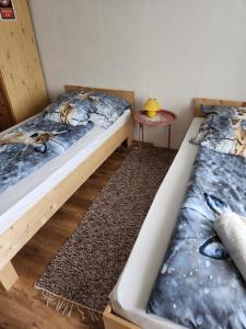 two twin beds in a room with a table at ORSI Eco apartman Kecskemét in Kecskemét