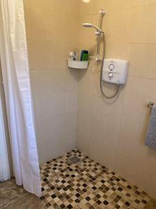 a shower in a bathroom with a black and white tile floor at Parkhill House Self Catering in Ballyshannon