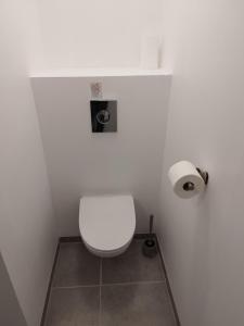a bathroom with a white toilet in a stall at Guesthouse Háteigi in Þykkvibær +14 photos