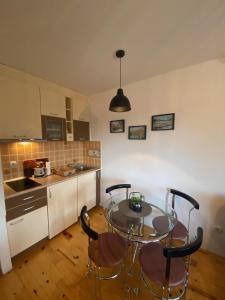 a kitchen with a glass table and chairs in it at Apartman Jelen in Kaludjerske Bare