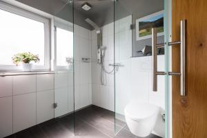 a bathroom with a glass shower stall and a sink at Graues Haus in Monschau