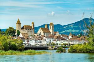 a city with a river and a town with buildings at Schlossappartement Rapperswil in Rapperswil-Jona
