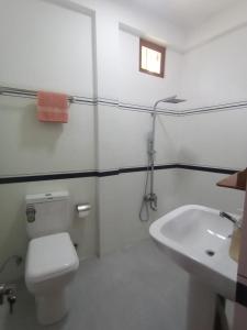 a white bathroom with a toilet and a sink at adam's apple homestay in Ella