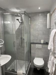 a bathroom with a shower and a toilet and a sink at Apartmenthaus Sonnen in Düsseldorf +30 photos
