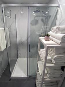 La salle de bains est pourvue d'une douche avec une porte en verre. dans l'établissement Casa Pedro Porto, à Porto